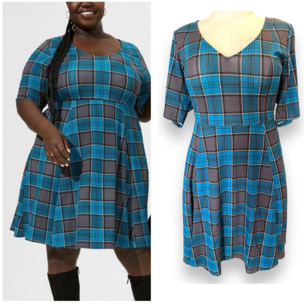 Torrid Plus Size 2 (2X) Blue Plaid Mini Ponte V Neck Skater Dress Punk Goth Mod